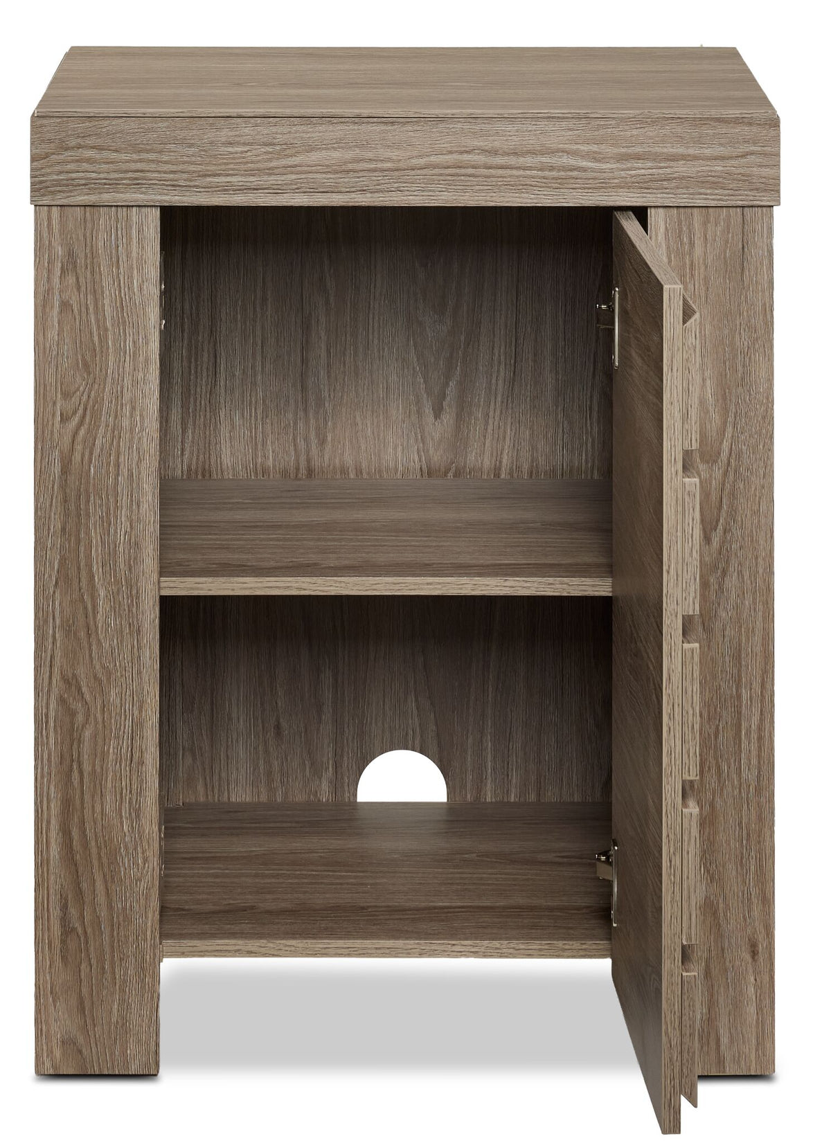 Great Falls 23.5" Cabinet - Grey with door open to reveal interior shelving and rear cable management opening