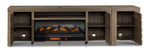 Great Falls 2-Piece Fireplace Entertainment Unit - Grey with cabinet doors open to reveal interior shelves and cable openings