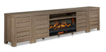 Great Falls 3-Piece Fireplace Entertainment Unit - Grey angled view with electric fireplace and four cabinet doors