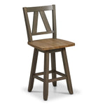 Harvest Ridge Counter Height Swivel Chair - Grey, Sandstone, angled front view with wood seat and geometric open back