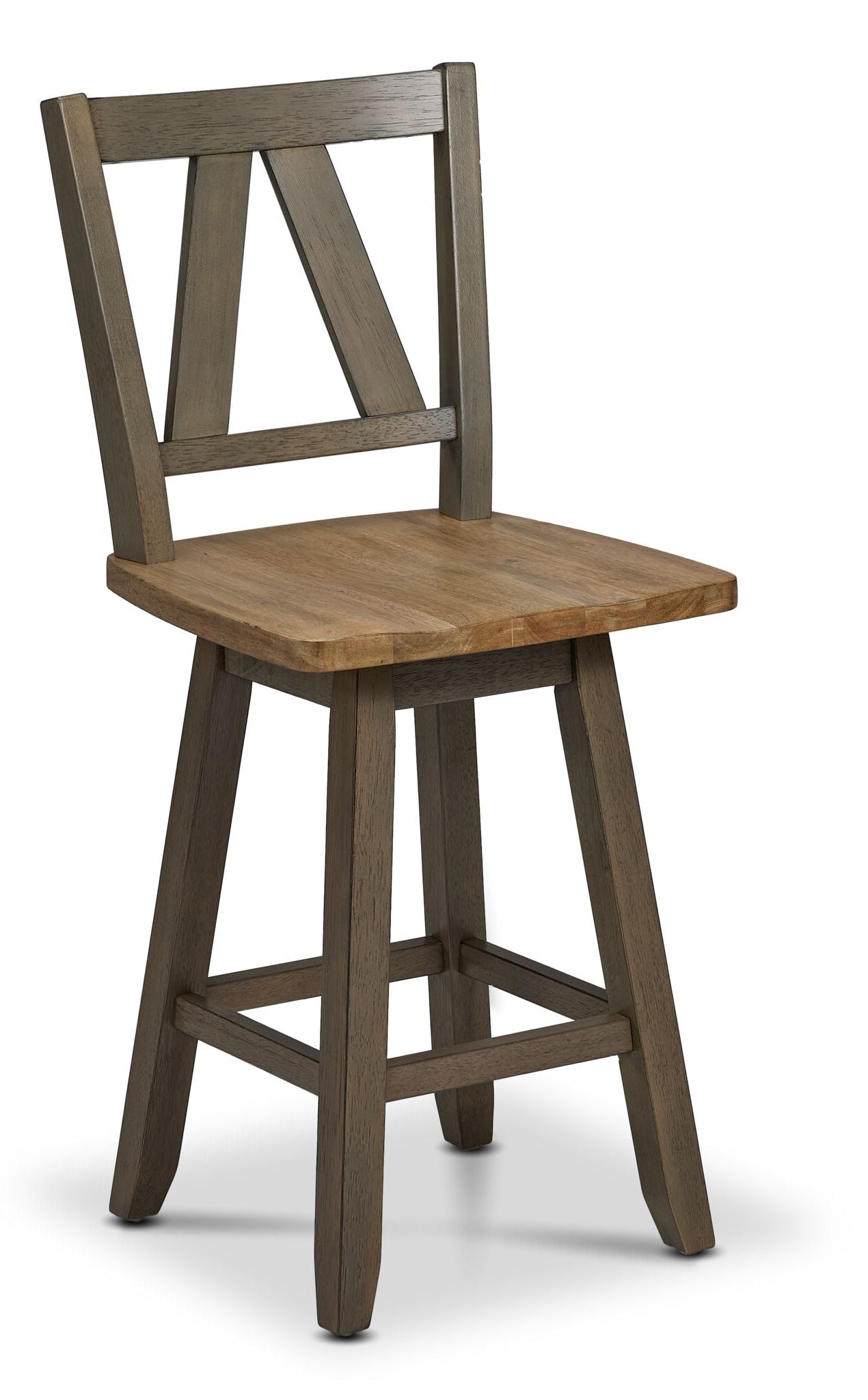 Harvest Ridge Counter Height Swivel Chair - Grey, Sandstone, angled front view with wood seat and geometric open back
