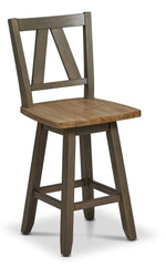 Harvest Ridge Counter Height Swivel Chair - Grey, Sandstone, angled front view with wood seat and geometric open back
