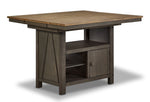 Harvest Ridge Counter Height Table - Grey, Sandstone with extended tabletop, open shelving and cabinet storage