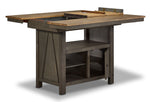 Harvest Ridge Counter Height Table - Grey, Sandstone with tabletop opened to show extension mechanism and storage