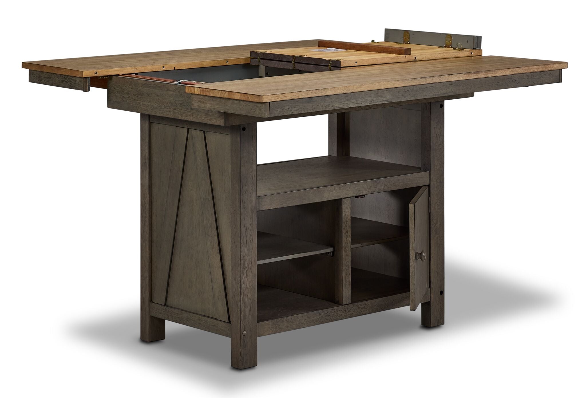 Harvest Ridge Counter Height Table - Grey, Sandstone with tabletop opened to show extension mechanism and storage