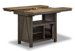 Harvest Ridge Counter Height Table - Grey, Sandstone with tabletop panels open, exposing the extension mechanism