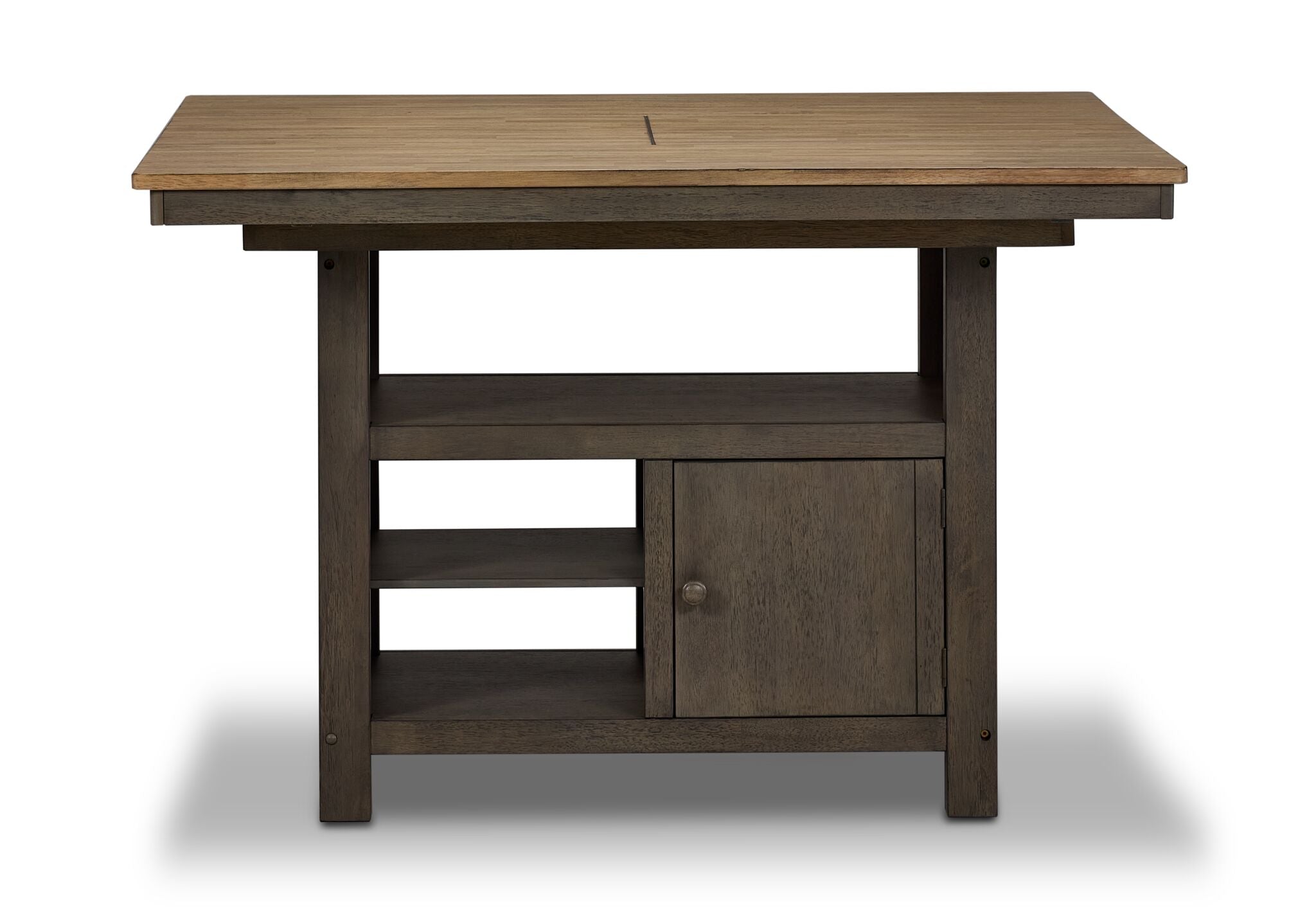Harvest Ridge Counter Height Table - Grey, Sandstone, front view with extended tabletop, shelves and storage cabinet