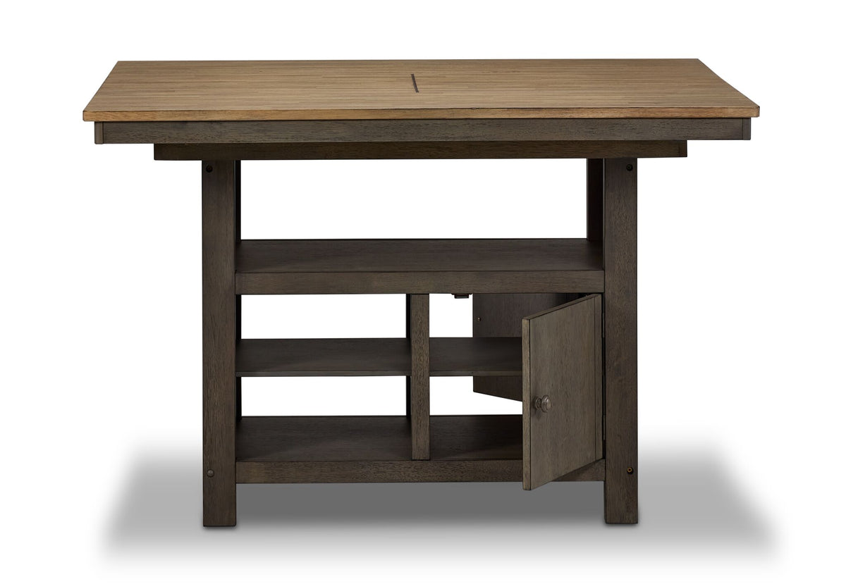 Harvest Ridge Counter Height Table - Grey, Sandstone, front view with cabinet door open and interior shelving visible