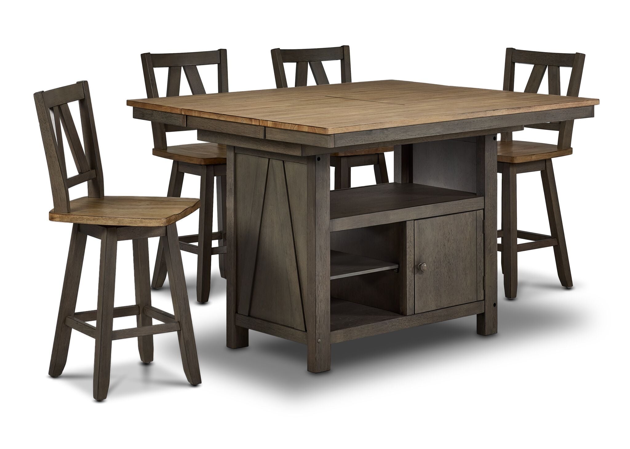 Harvest Ridge 5-Piece Counter Height Dining Set - Grey, Sandstone, angled view with table and four swivel chairs