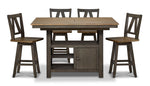 Harvest Ridge 5-Piece Counter Height Dining Set - Grey, Sandstone, front view with table and four swivel chairs
