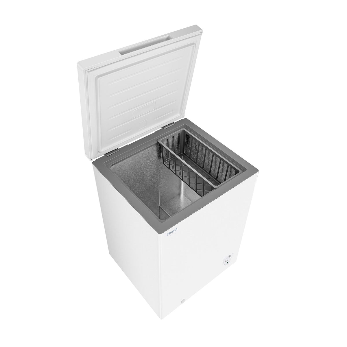 Three-quarter view of Hisense white 5.0 cu. ft. convertible chest freezer with lid open, showing the interior compartment and removable storage basket