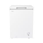 Front view of Hisense white 5.0 cu. ft. convertible chest freezer with closed lid, recessed handle and exterior temperature control dial