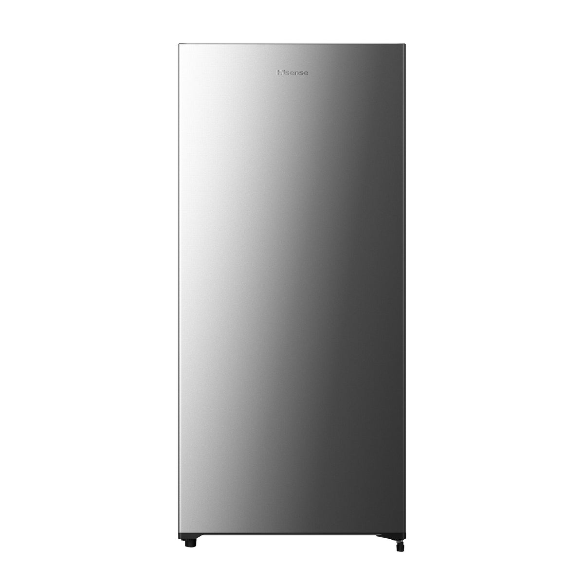 Front view of Hisense silver 22-inch 6 cu. ft. convertible upright freezer with a clean flat door, concealed handle and adjustable feet