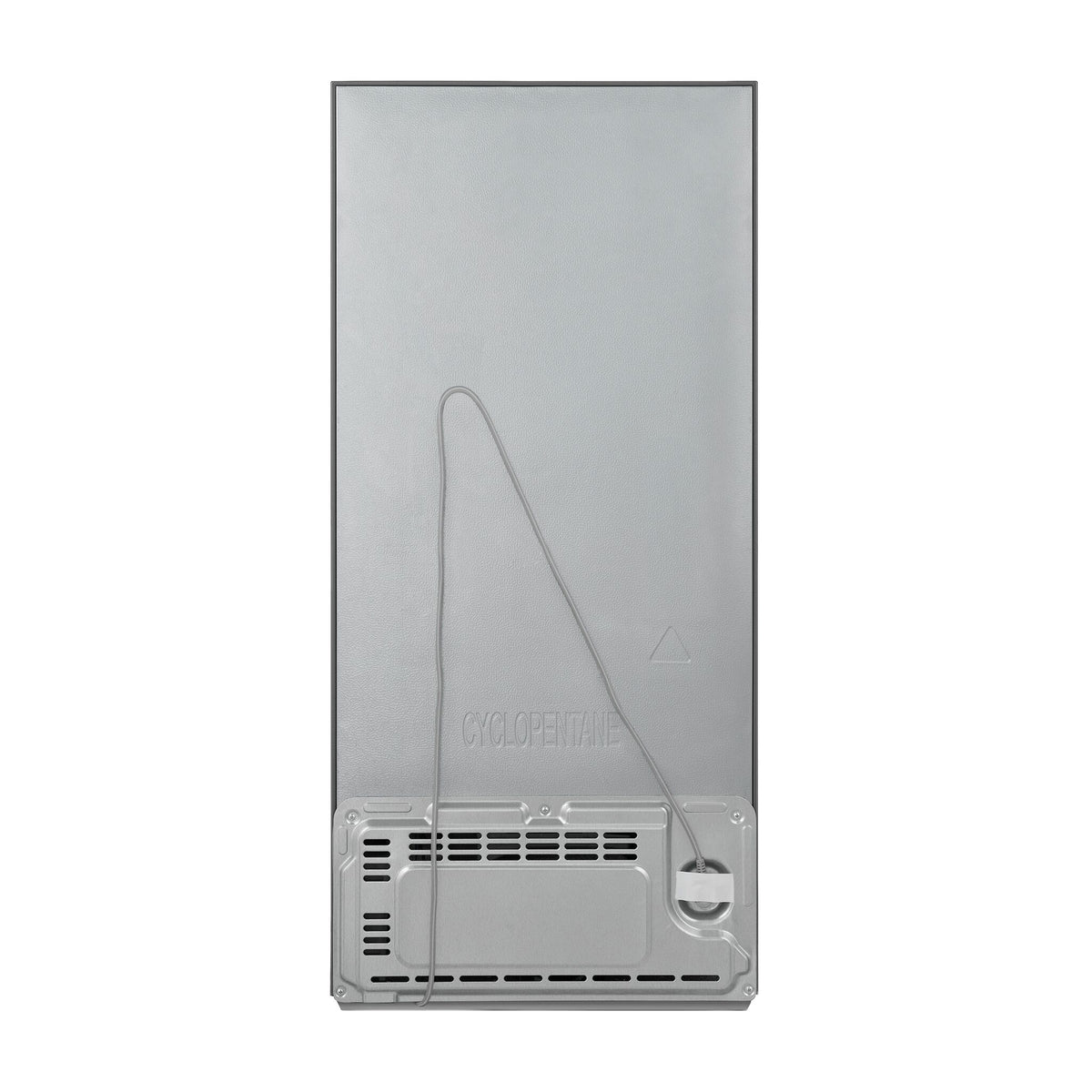 Rear view of Hisense silver 6 cu. ft. convertible upright freezer showing the textured back panel, lower ventilation area and power cord