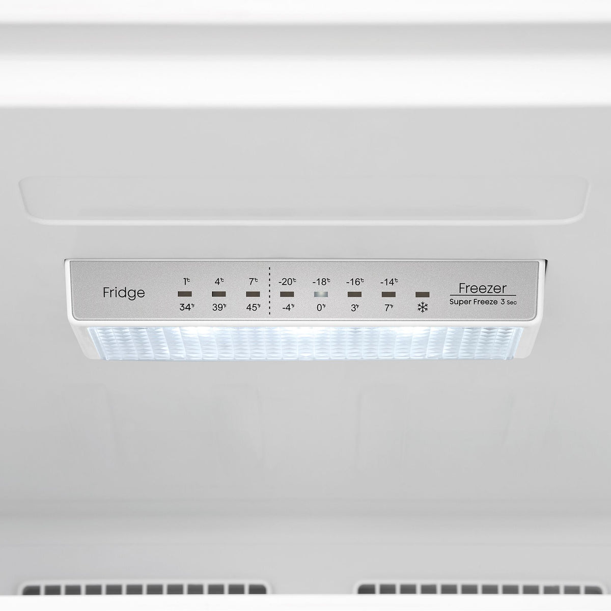 Close-up of the interior temperature control panel on the Hisense convertible upright freezer, showing fridge and freezer temperature settings, Super Freeze and interior light