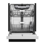 Hisense 24” Stainless Steel Front Control Dishwasher open from the front showing the empty upper and lower racks and third rack