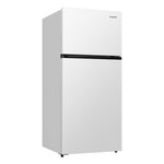 Angled view highlighting the white finish and slim counter-depth refrigerator profile