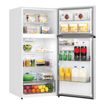 Fully open fridge with groceries arranged across shelves, door bins, freezer and produce drawer