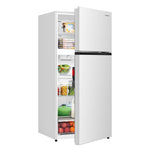 Three-quarter view with doors partly open to reveal stocked freezer and refrigerator compartments