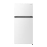 Front view of Hisense RT18N3AWE white top-mount refrigerator with black recessed handles