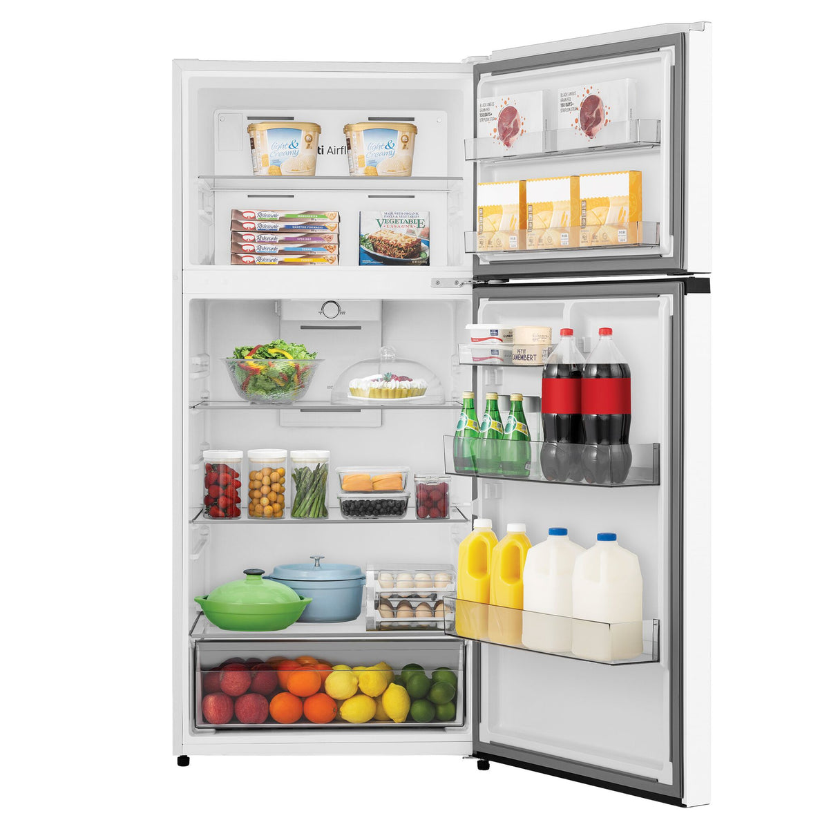 Front interior view displaying stocked freezer, glass shelves, door storage and crisper drawer