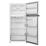 Open refrigerator showing glass shelves, clear door bins, freezer storage and produce crisper