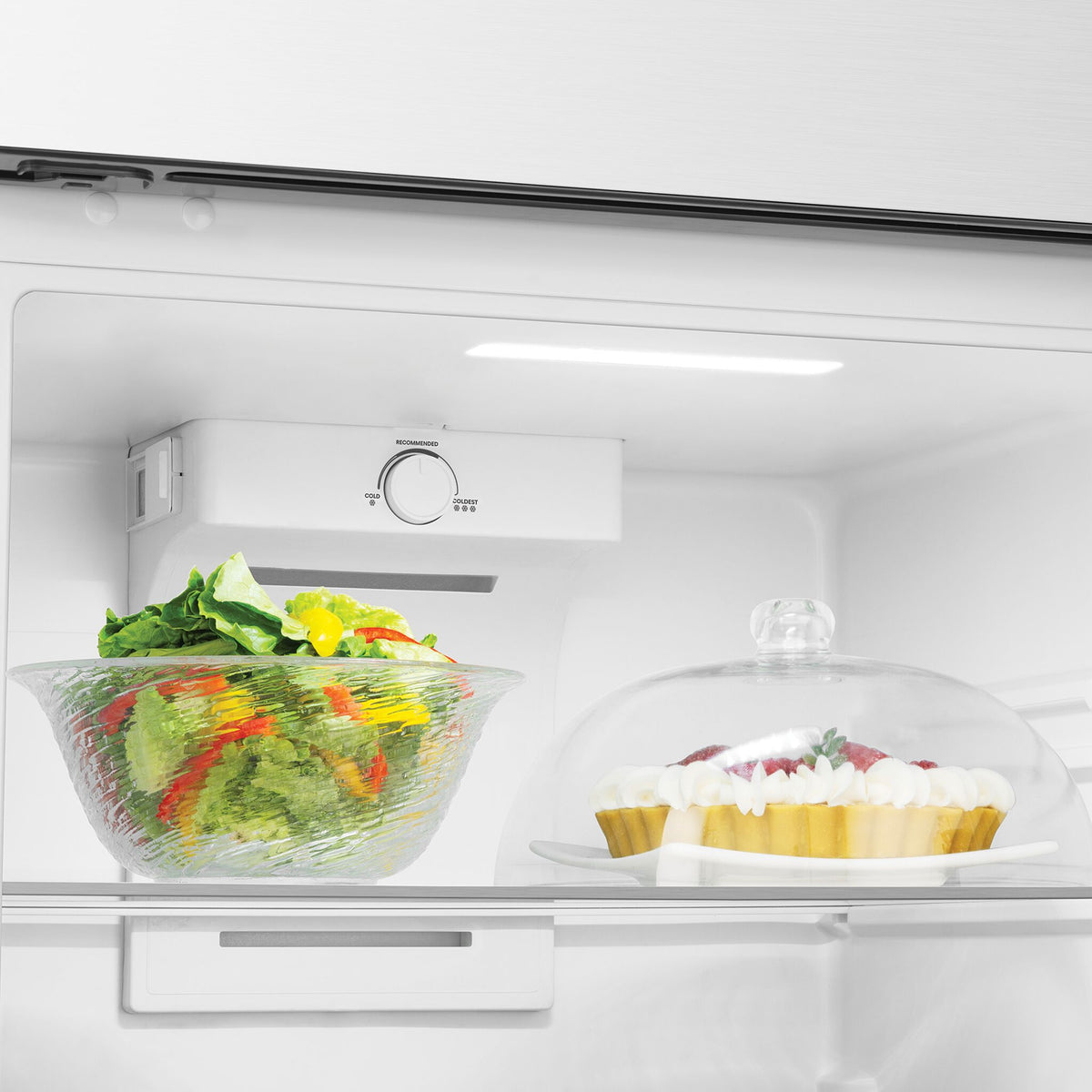 Interior shelf area showing LED lighting, temperature control and stored food