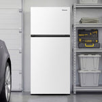 White Hisense top-mount refrigerator shown in a garage beside storage shelves