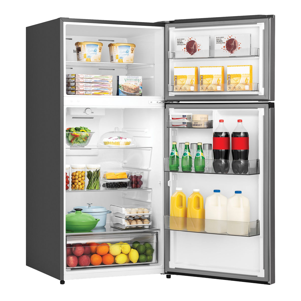 Fully open fridge displaying stocked shelves, freezer storage, door bins and produce drawer.
