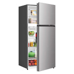 Partially open top-mount refrigerator revealing stocked freezer and fresh food compartments.