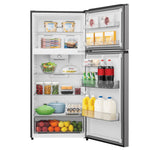 Front interior view showing organized freezer and refrigerator storage filled with groceries.