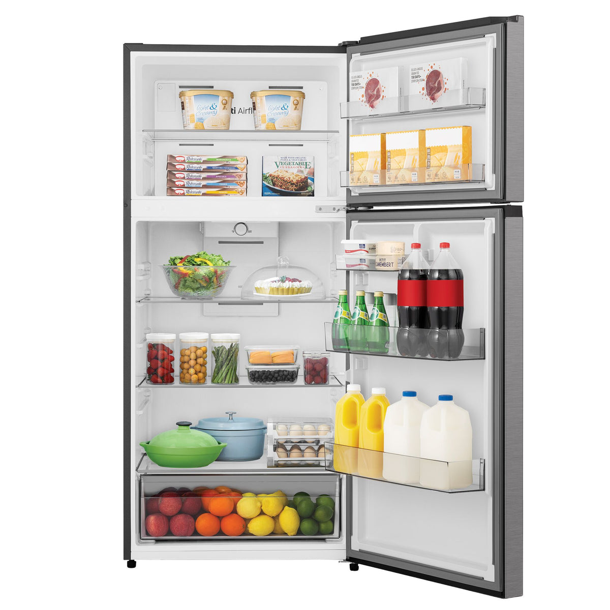 Front interior view showing organized freezer and refrigerator storage filled with groceries.