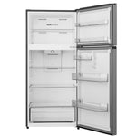 Open refrigerator with glass shelves, clear door bins, freezer shelves and produce crisper.