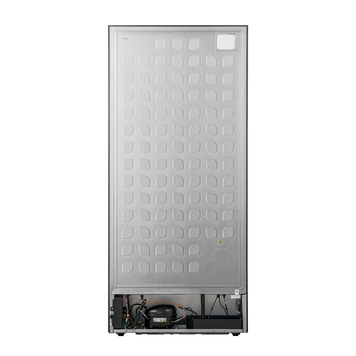 Rear view of the Hisense refrigerator showing the back panel and lower compressor area.
