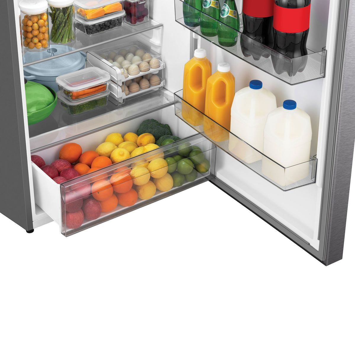 Lower fridge storage with produce crisper, glass shelf and large beverage door bins.