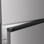 Close-up of the recessed black handle between the titanium freezer and refrigerator doors.
