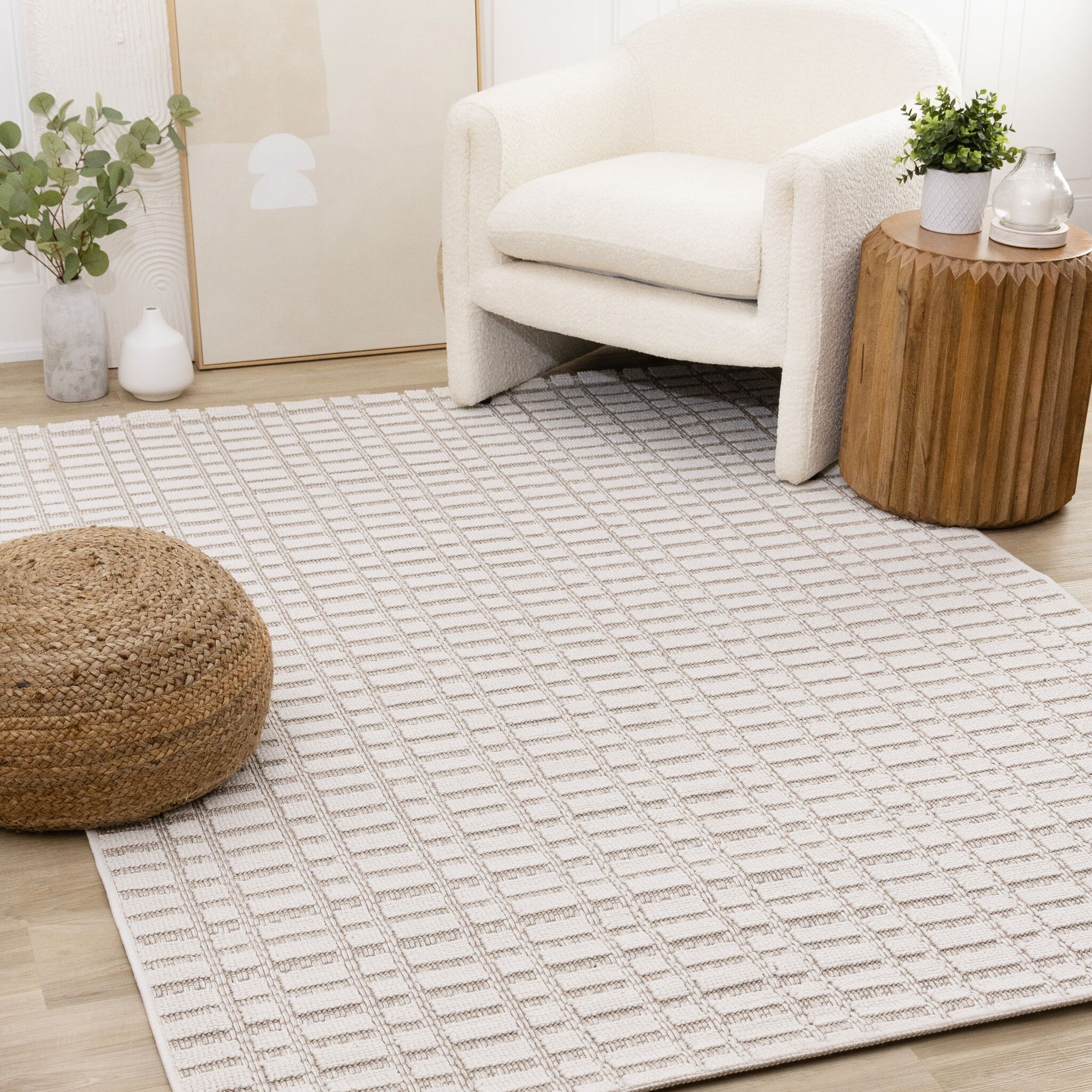 Woven Balance 5'3" x 7'7" Intricate Grid Design Area Rug - White, Taupe