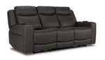 Jackson anthracite leather power reclining sofa angled view with three padded seats, plush headrests and wide arms