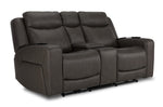Jackson anthracite leather power reclining loveseat angled view with two seats, centre console and padded headrests