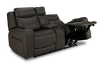 Jackson anthracite leather loveseat angled view with one seat fully reclined in zero gravity position