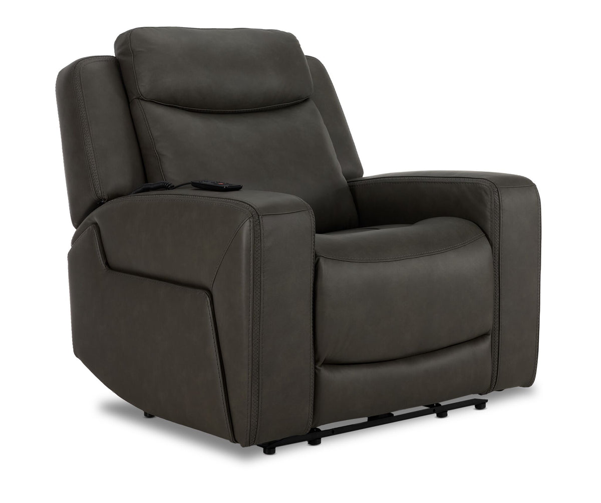 Jackson Leather Power Recliner with Heat and Massage - Anthracite angled view with padded headrest, wide arms and stitched leather