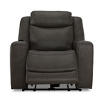 Jackson anthracite leather recliner front view with power footrest extended and plush padded seating