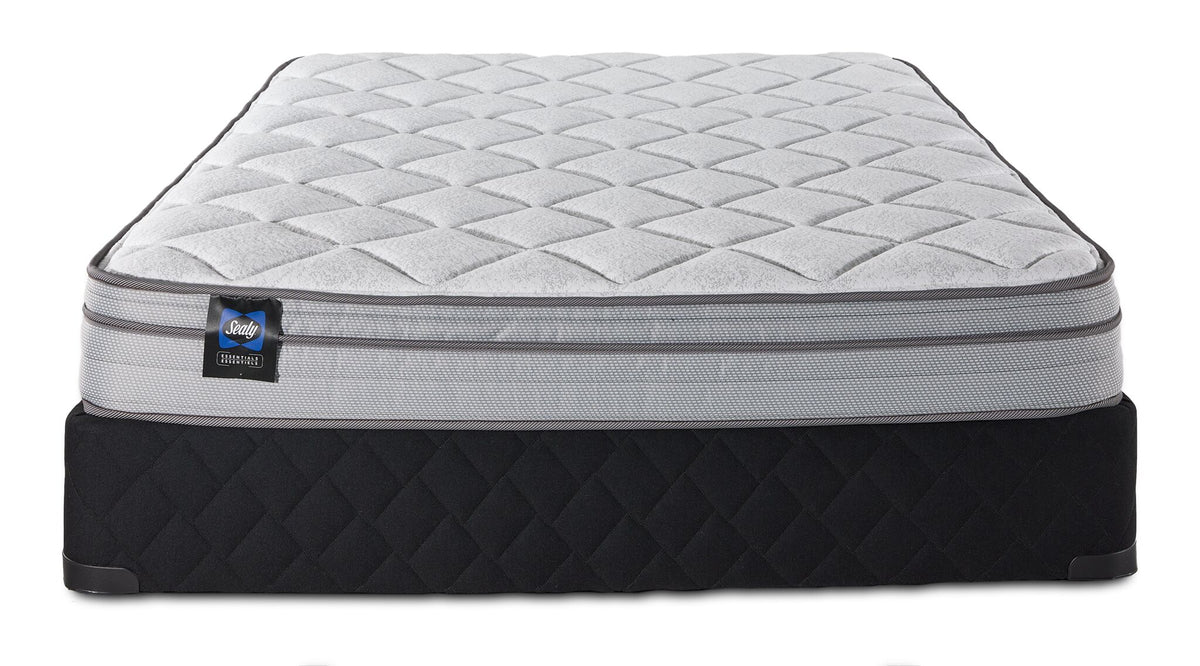 Front view of Sealy Essentials Kairo Medium Euro Top Twin mattress and boxspring set with black quilted base