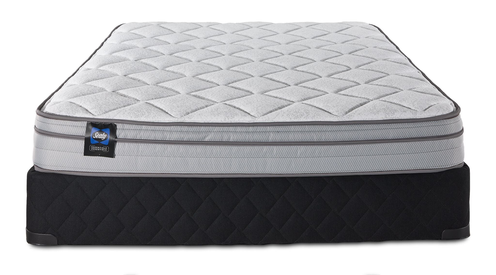 Front view of Sealy Essentials Kairo Medium Euro Top Full mattress and boxspring set with black quilted base