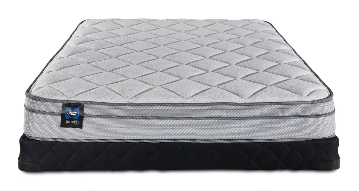 Front view of Sealy Essentials Kairo Medium Euro Top Queen mattress and low profile boxspring set with black quilted base