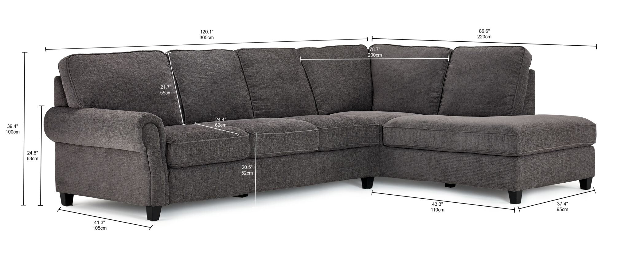 Kasey 2-Piece Sectional with Right Facing Chaise - Grey