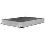 Kingsdown White Boucle queen boxspring with beige polyester upholstery and a black support surface, angled view