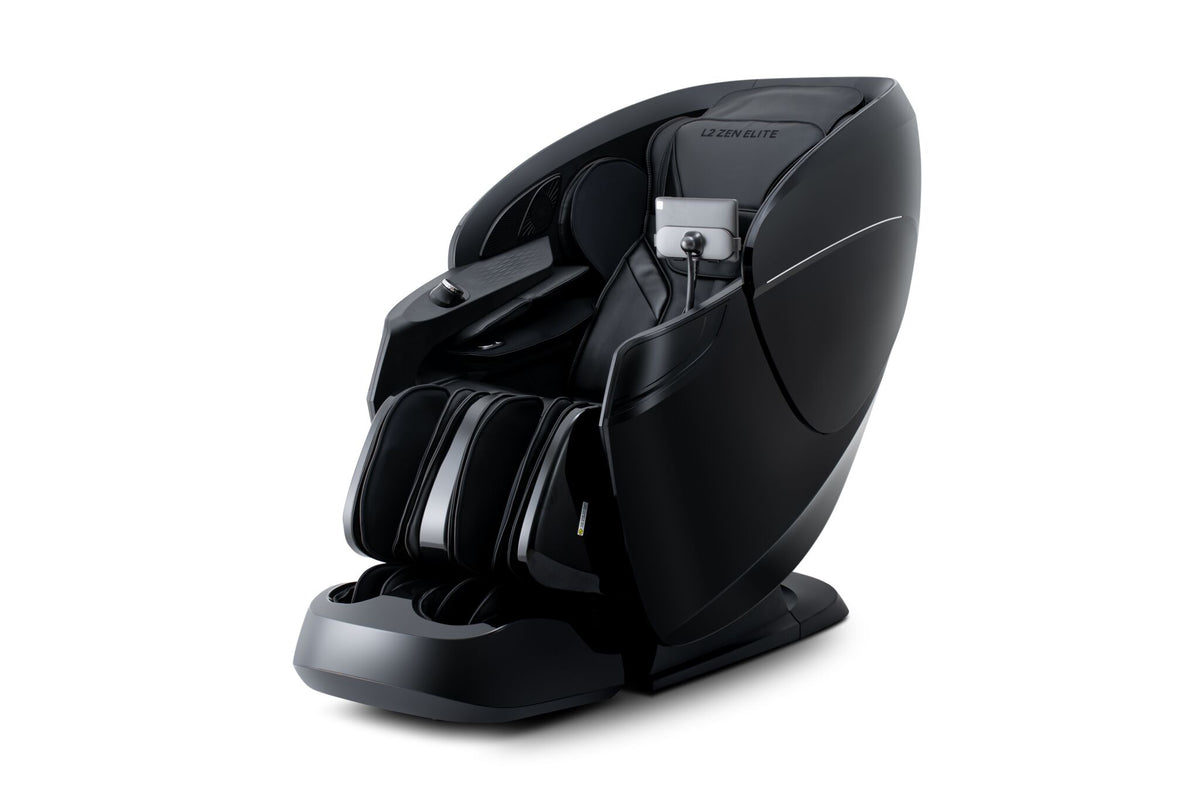 L2 Zen Elite Massage Chair in black shown at an angle with enclosed sides, padded seat and leg massage sections