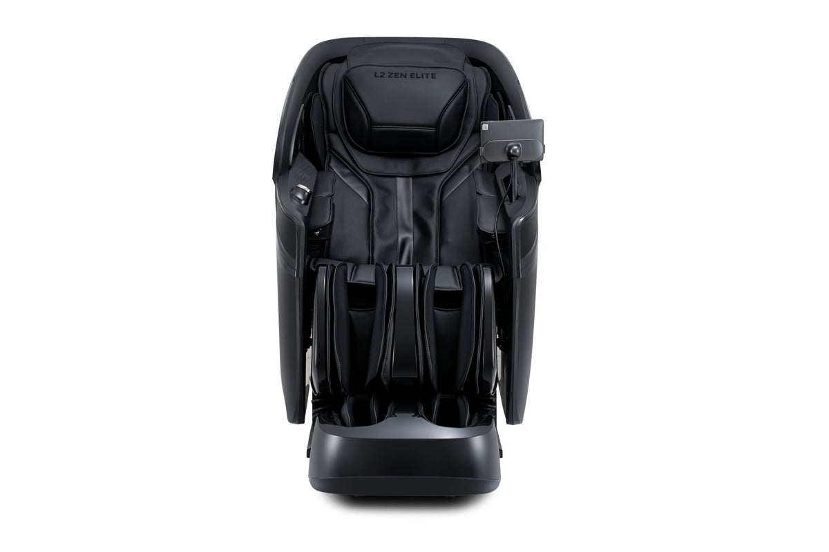 L2 Zen Elite Massage Chair front view with padded headrest, full-body seat, leg massagers and device holder