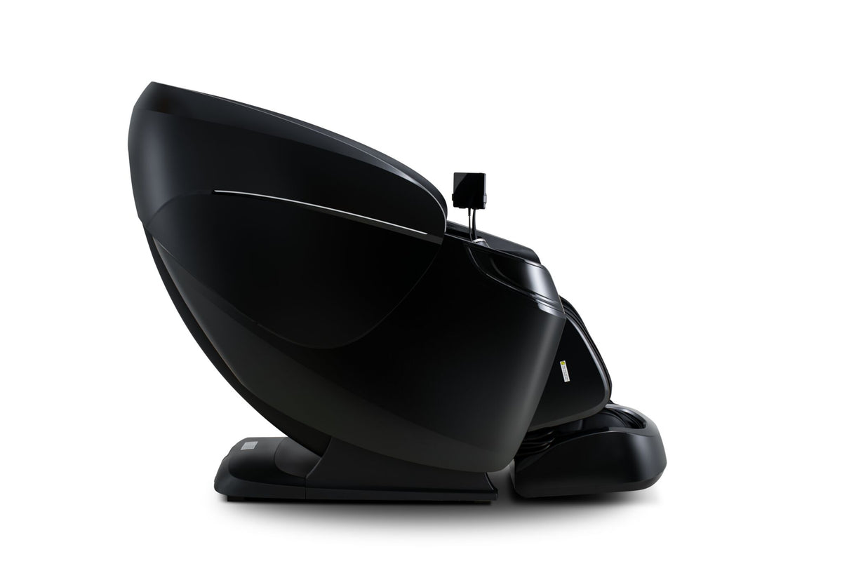 Side view of the L2 Zen Elite Massage Chair showing its curved black outer shell, base and device holder